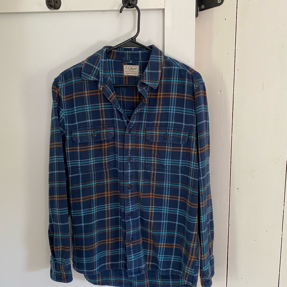 L.L. Bean Men's Navy and Orange Plaid Shirt - Picture 4 of 4